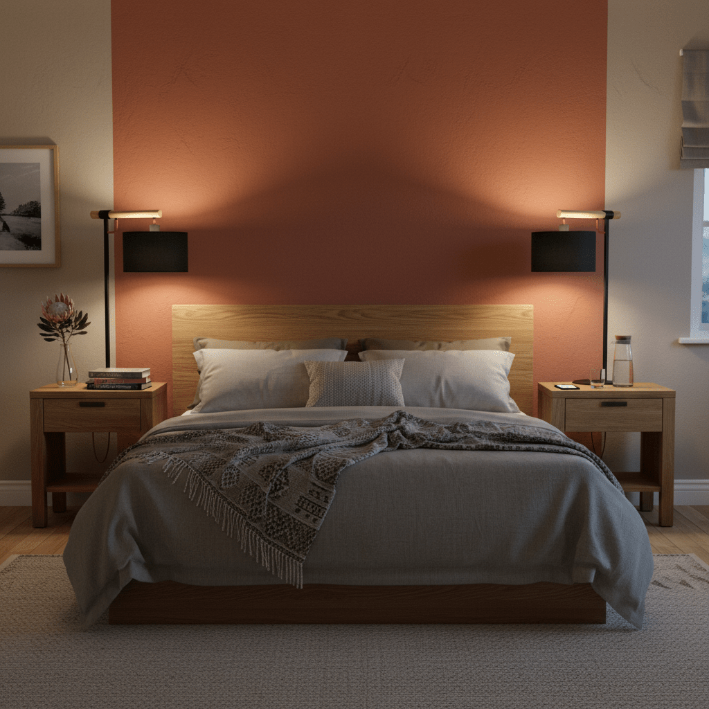 Contemporary black table lamp beside a cozy bed, enhancing the modern bedroom ambiance.