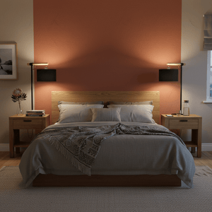 Contemporary black table lamp beside a cozy bed, enhancing the modern bedroom ambiance.