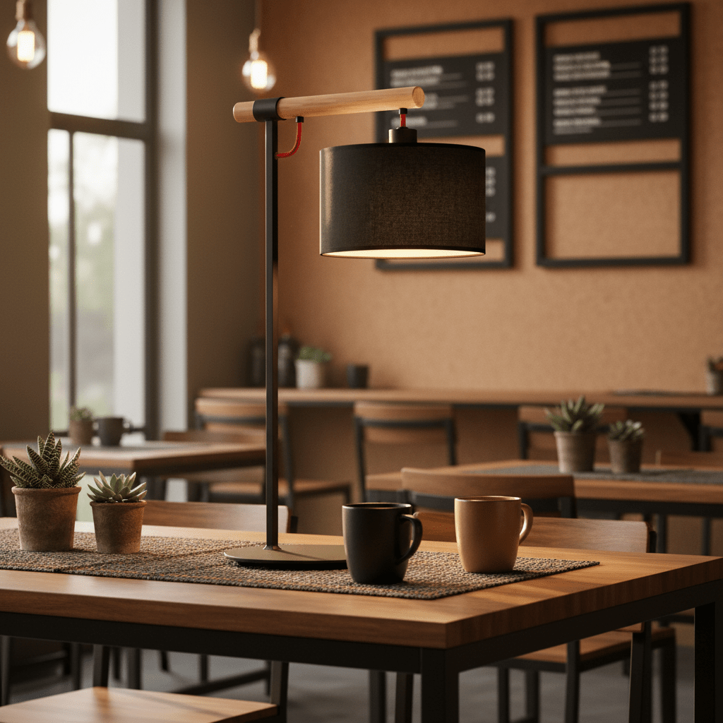 Shawela Black Table Lamp on a wooden table in a cozy café setting, illuminating two coffee mugs.