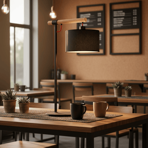 Shawela Black Table Lamp on a wooden table in a cozy café setting, illuminating two coffee mugs.