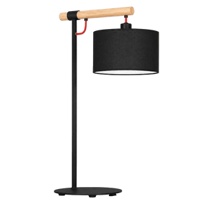 Black table lamp with a cylindrical shade, wooden handle, and red accent, set on a round base.