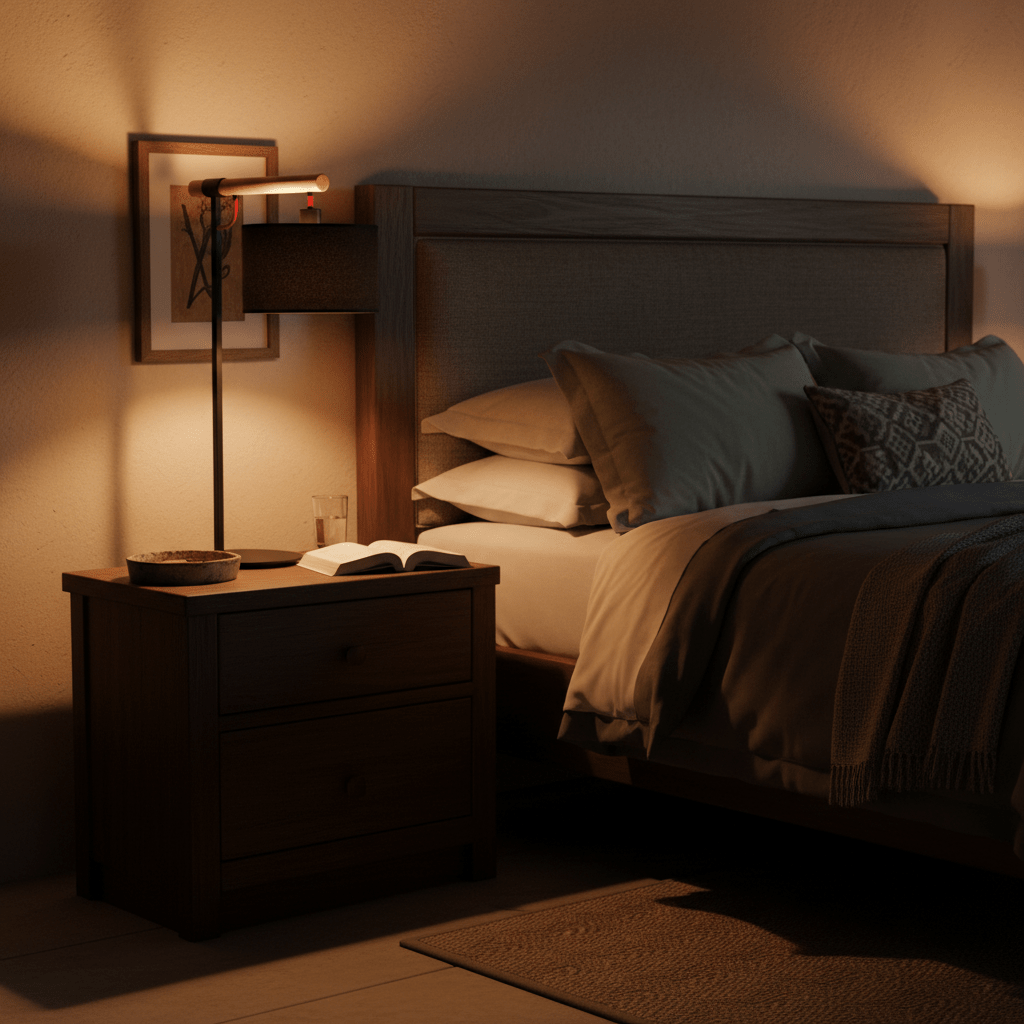 A stylish black table lamp on a bedside table, illuminating a cozy bedroom with soft light.