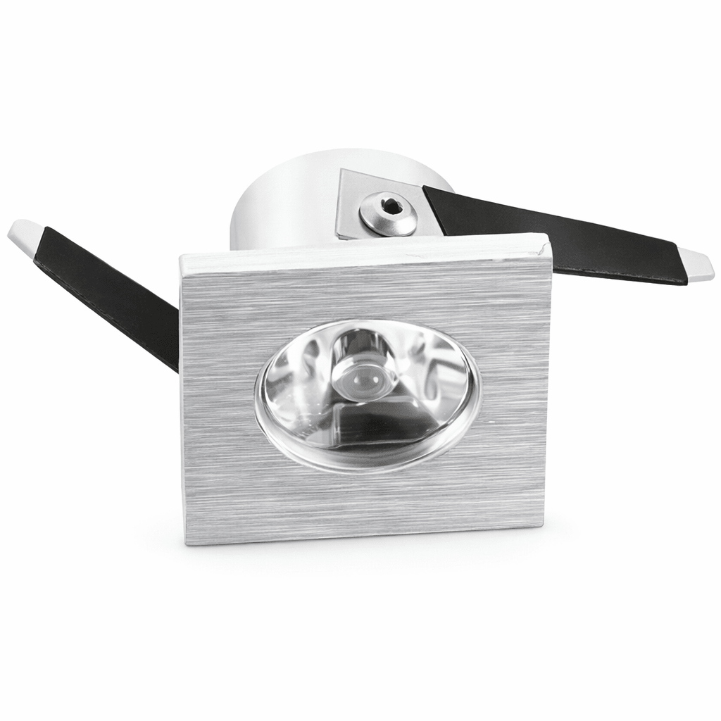 Square LED cabinet light with brushed aluminium finish, showcasing the lens and mounting clips.