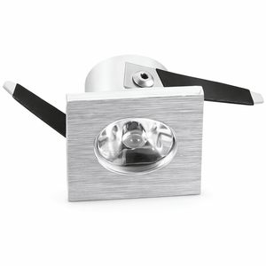 Square LED cabinet light with brushed aluminium finish, showcasing the lens and mounting clips.