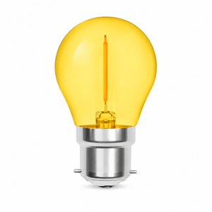1W yellow transparent filament golf ball bulb with a silver base, showcasing a decorative design.