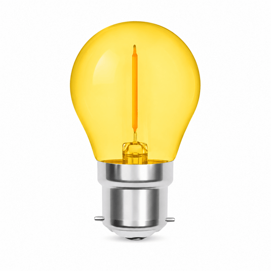 1W yellow transparent filament golf ball bulb with a silver base, showcasing a decorative design.