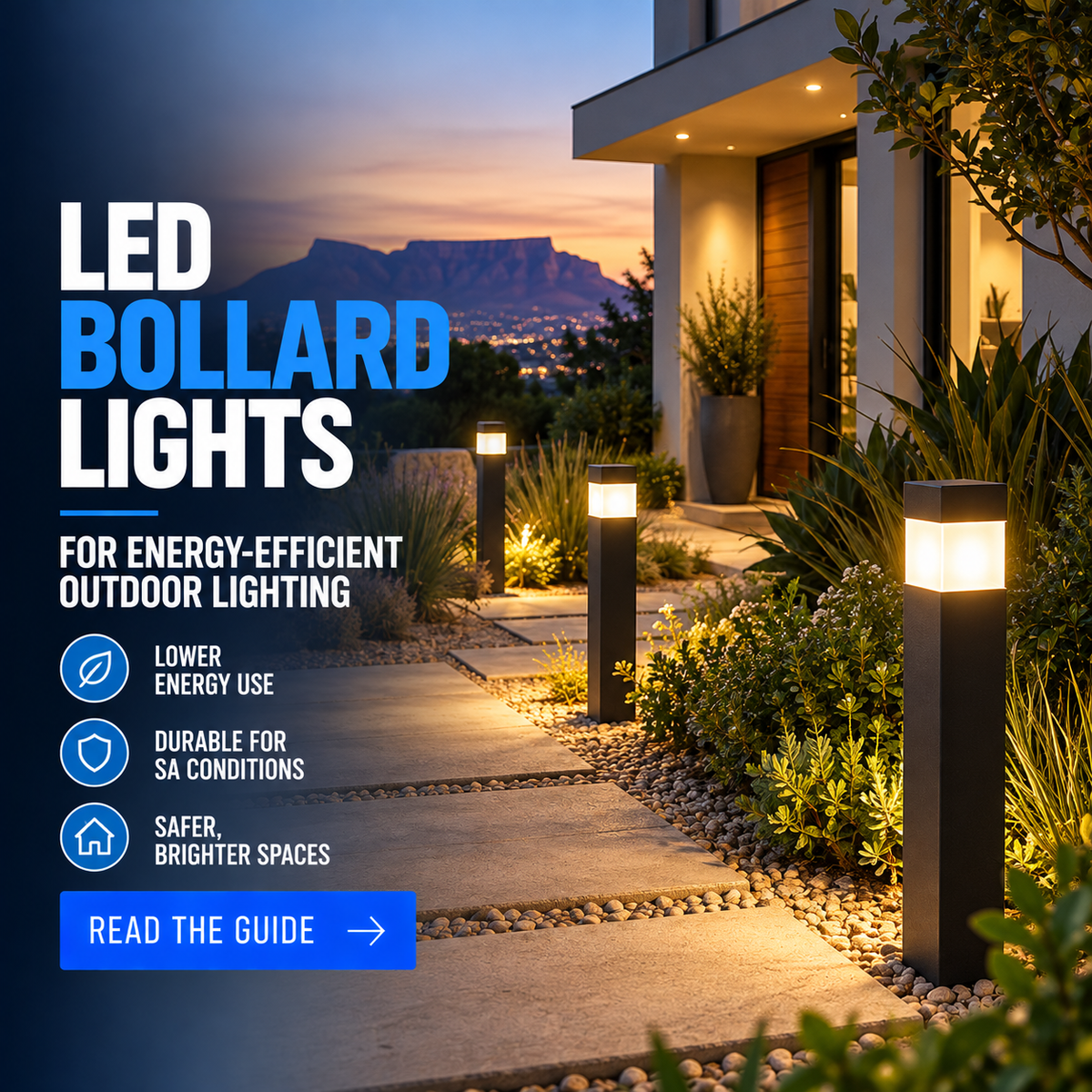 LED bollard lights illuminating a landscaped outdoor path for energy-efficient lighting