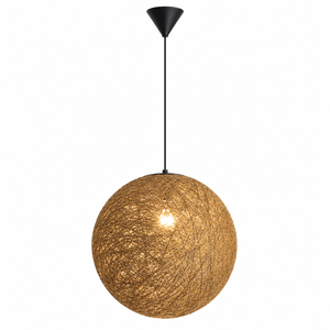 Twine Pendant Light with woven natural twine shade, suspended from a black ceiling mount.
