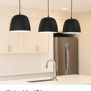 Three black pendant lights above a kitchen island with text describing their use.