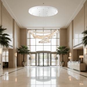 Luxurious hotel lobby with modern decor, large windows, and elegant chandelier.