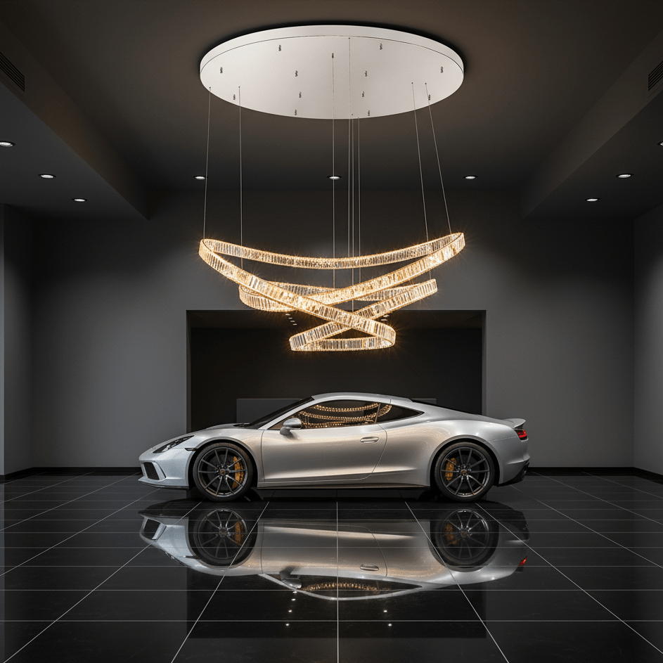 Modern chandelier hanging above a silver sports car in a dark room.