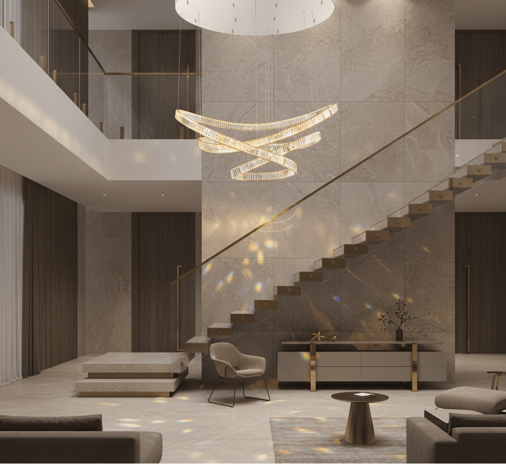 Modern interior with staircase, chandelier, and furniture