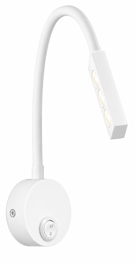 White 3W LED reading light fitting with flexible arm and base switch, ideal for bedside or task lighting.
