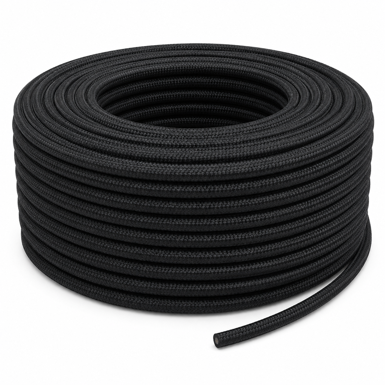 10m roll of black 2-core fabric cable, neatly coiled for decorative wiring projects.