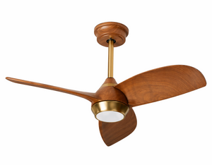 Wooden ceiling fan with brass accents on a white background