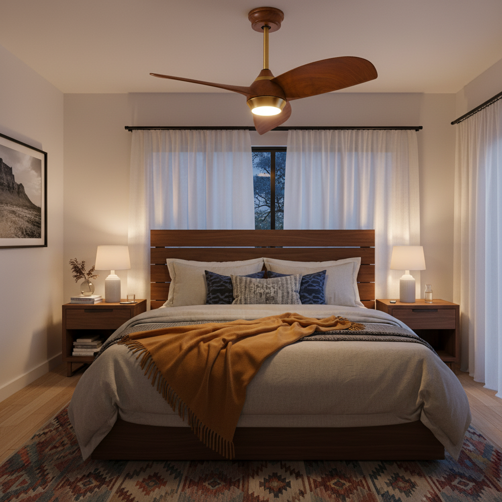 Stylish bedroom featuring a dimmable ceiling fan with gold and walnut finish above a cozy bed.