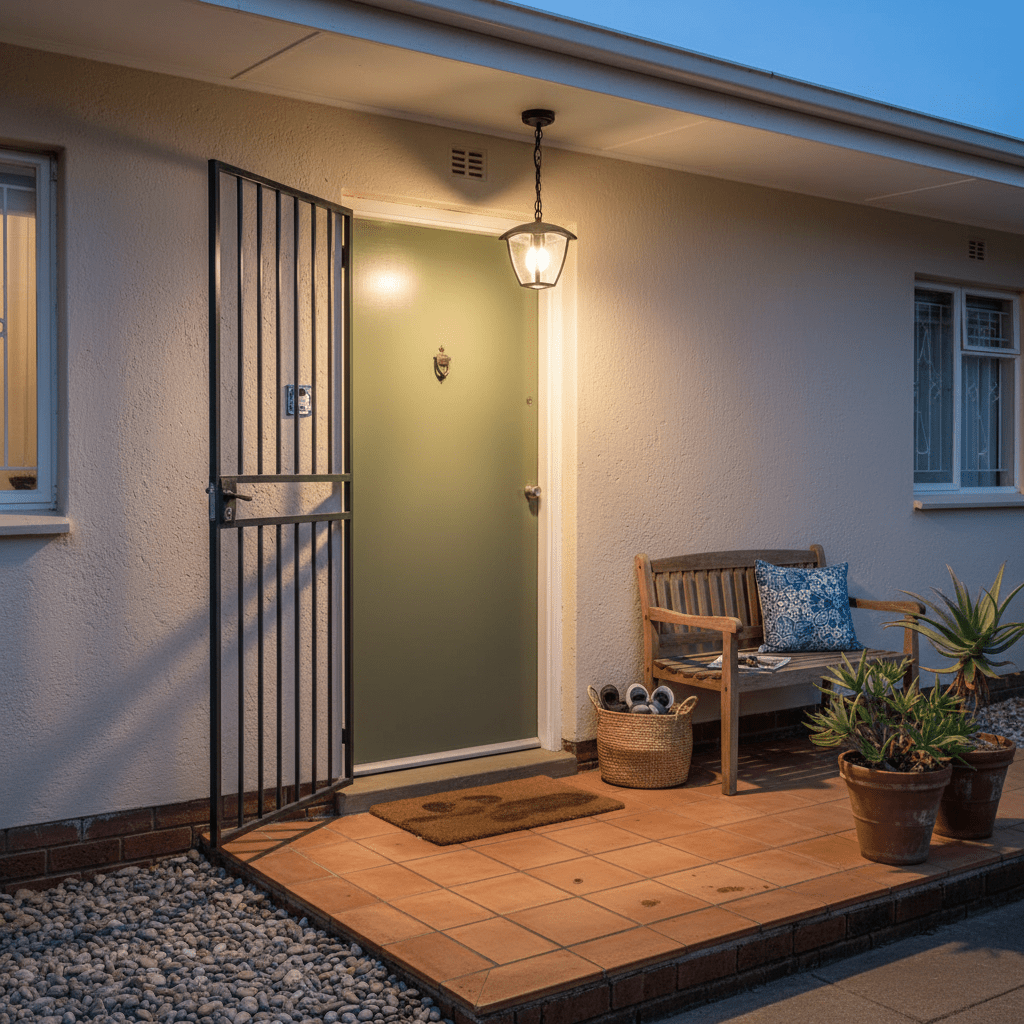 Black outdoor hanging pendant light illuminating a front porch with a green door and wooden bench.