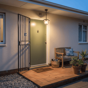 Black outdoor hanging pendant light illuminating a front porch with a green door and wooden bench.