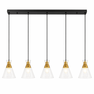 Modern pendant light fixture with five glass shades and gold accents on a white background