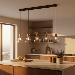 Sleek Black & Gold Cleopatra 5 Light Pendant Light above a kitchen island with a modern design.