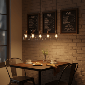 A stylish dining setup featuring the Black & Gold Cleopatra pendant light above a wooden table with coffee cups and pastries.