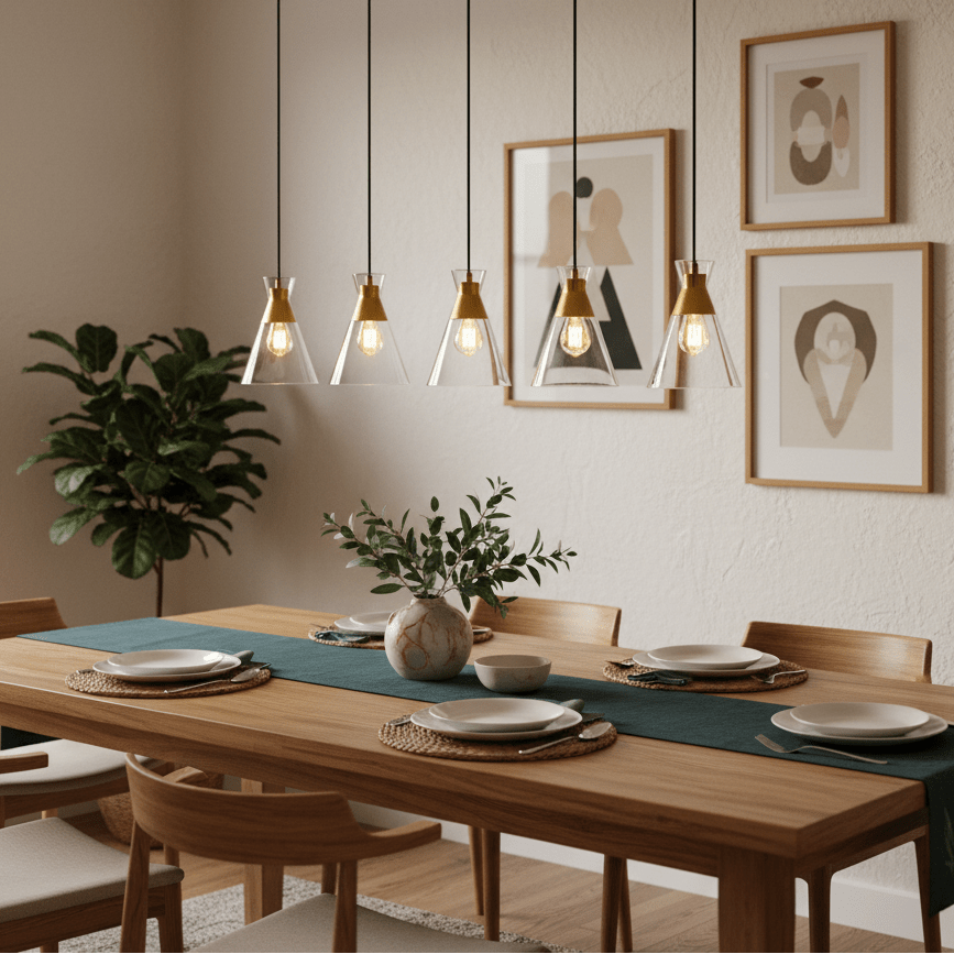 Sleek Black & Gold Cleopatra 5 Light Pendant Light above a dining table with decorative plates and a plant.