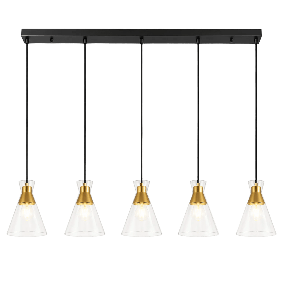 Black and gold pendant light with five conical glass shades, suspended from a black bar.