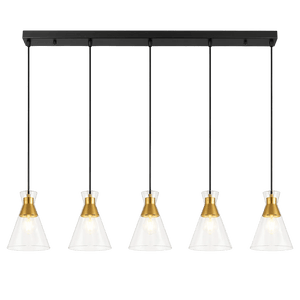 Black and gold pendant light with five conical glass shades, suspended from a black bar.
