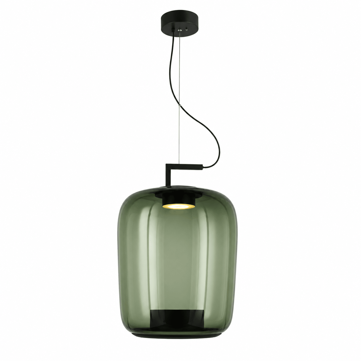 Modern green glass pendant light with black metal accents, ideal for dining or kitchen islands.