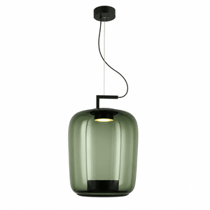Modern green glass pendant light with black metal accents, ideal for dining or kitchen islands.