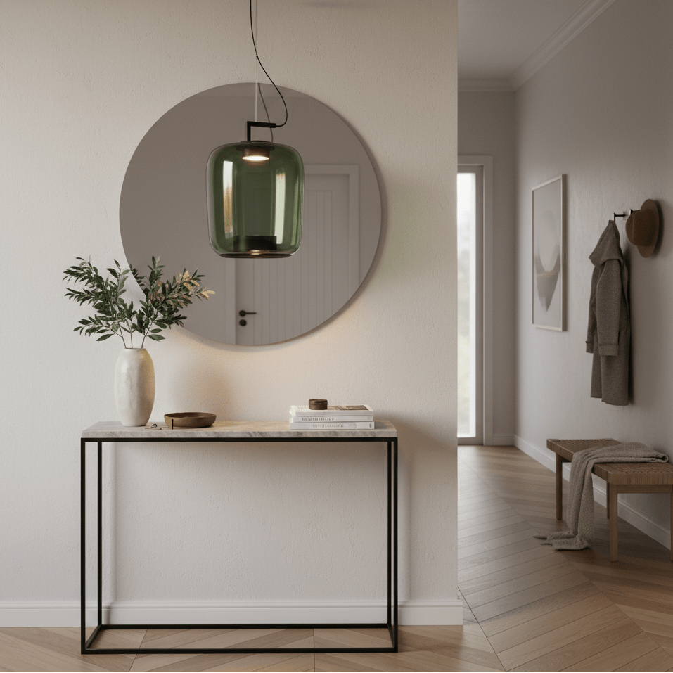 Green glass pendant light hanging above a console table with a vase and books, reflecting in a round mirror.