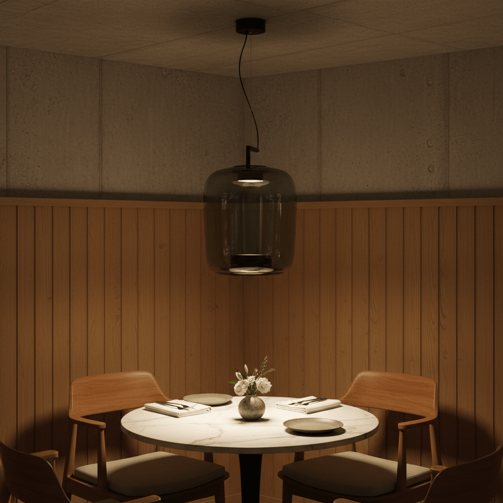 Magnum Maxima Green LED Pendant hanging over a round dining table with wooden chairs and a floral centerpiece.