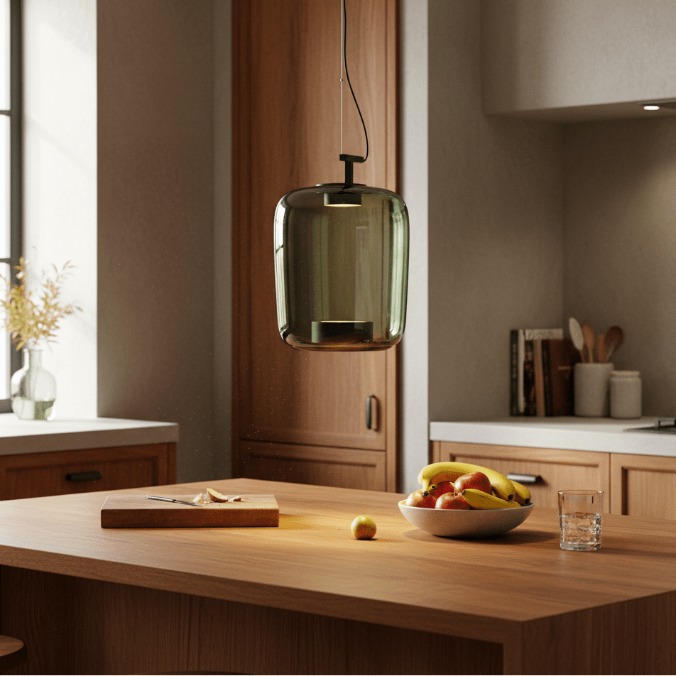 Green glass pendant light hanging above a wooden kitchen island with fruits and a cutting board.
