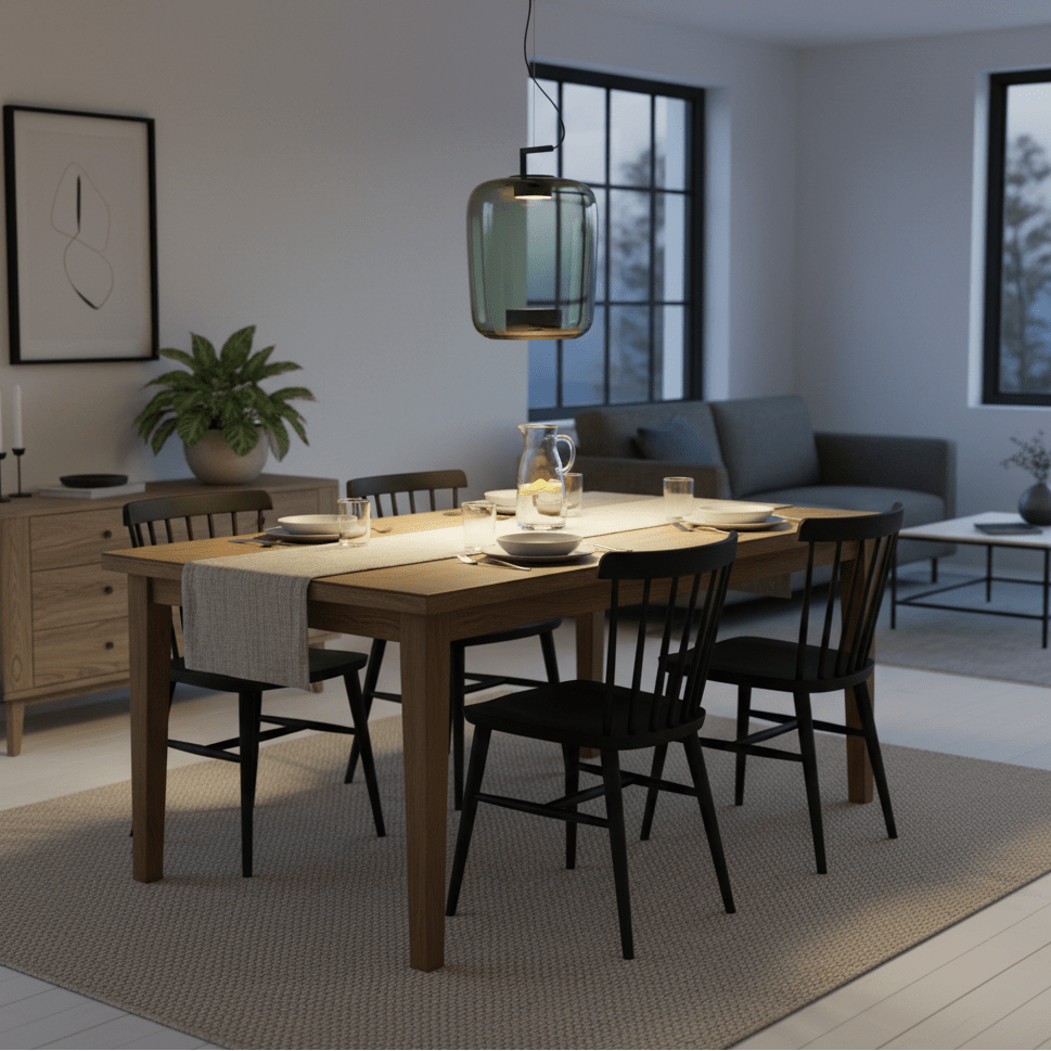 Modern green glass pendant light hanging above a wooden dining table set for a meal.