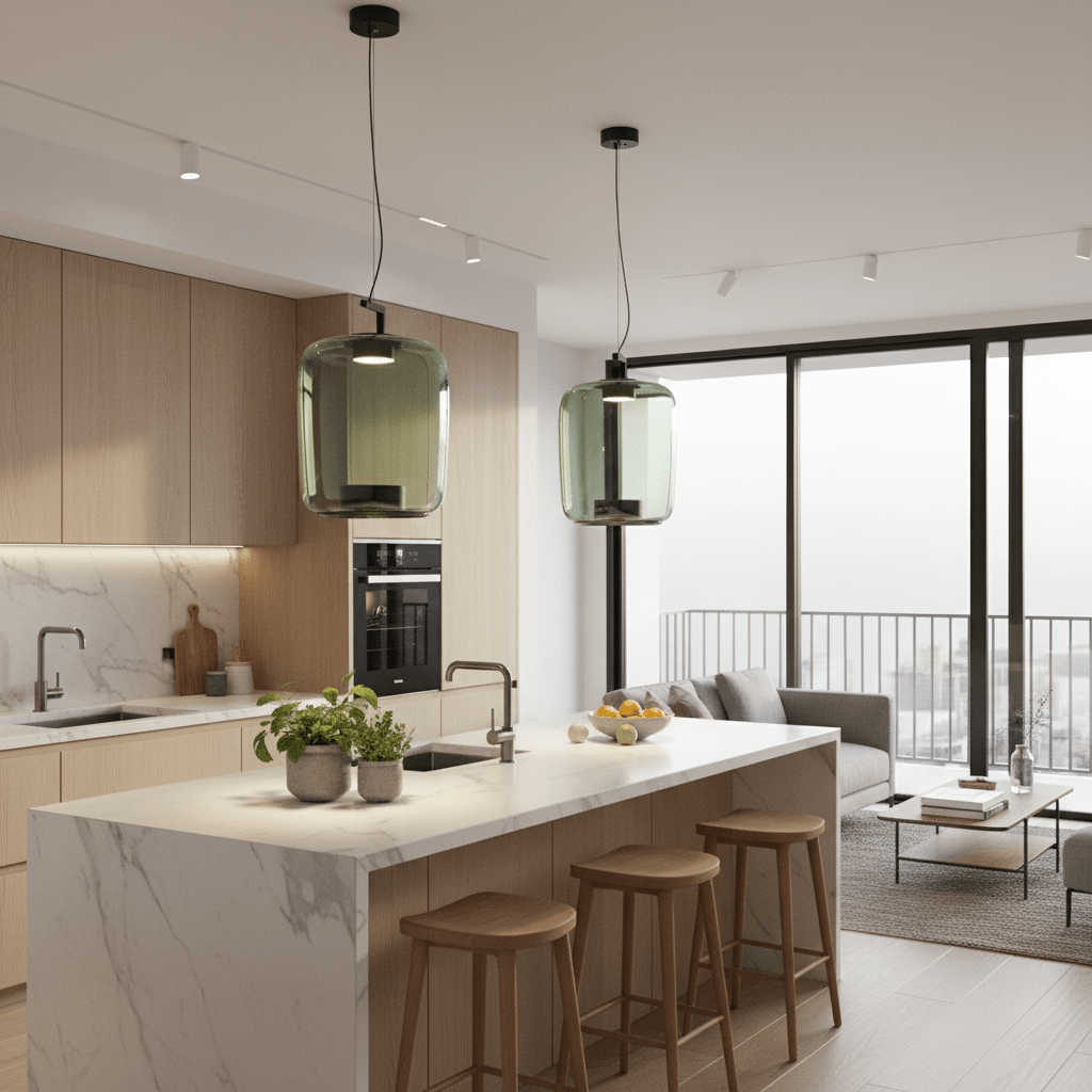 Two green glass pendant lights hang above a modern kitchen island with a marble countertop.