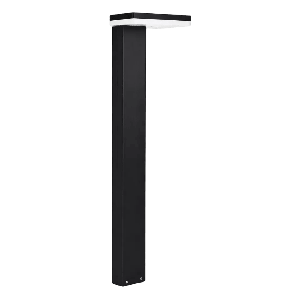 A tall, rectangular black LED outdoor bollard with a flat white top, featuring a sleek, modern design.