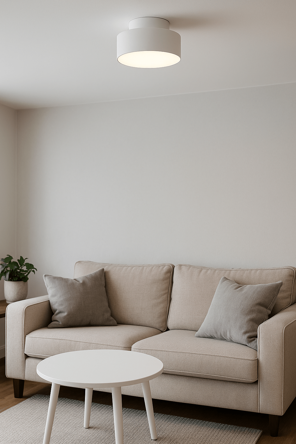 Modern white flush ceiling light illuminating a cozy living room with a beige sofa and round table.
