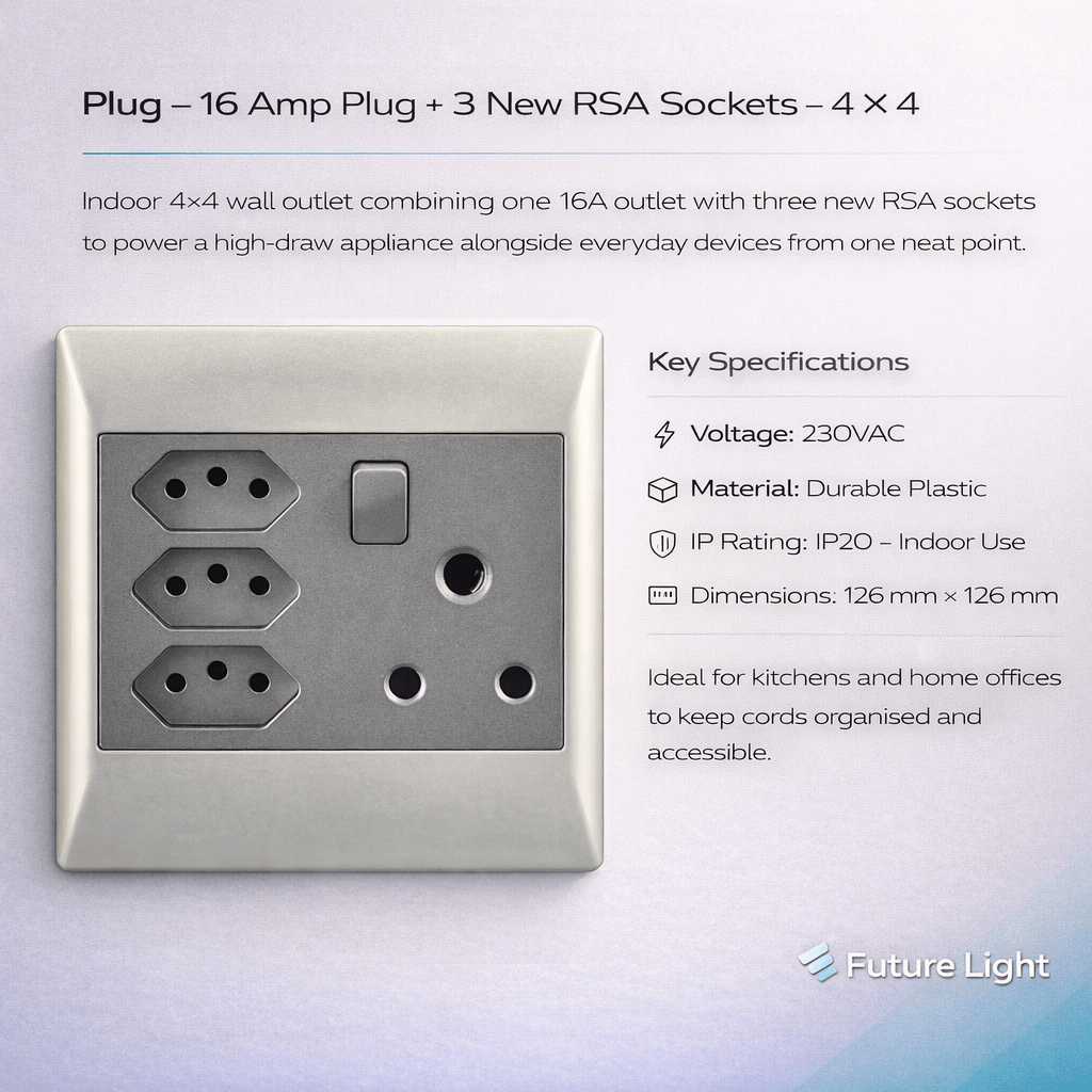 Plug - 16 Amp Plug + 3 New RSA Sockets - 4 X 4