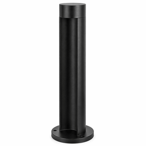 Round LED bollard with a sleek black finish, designed for outdoor lighting.