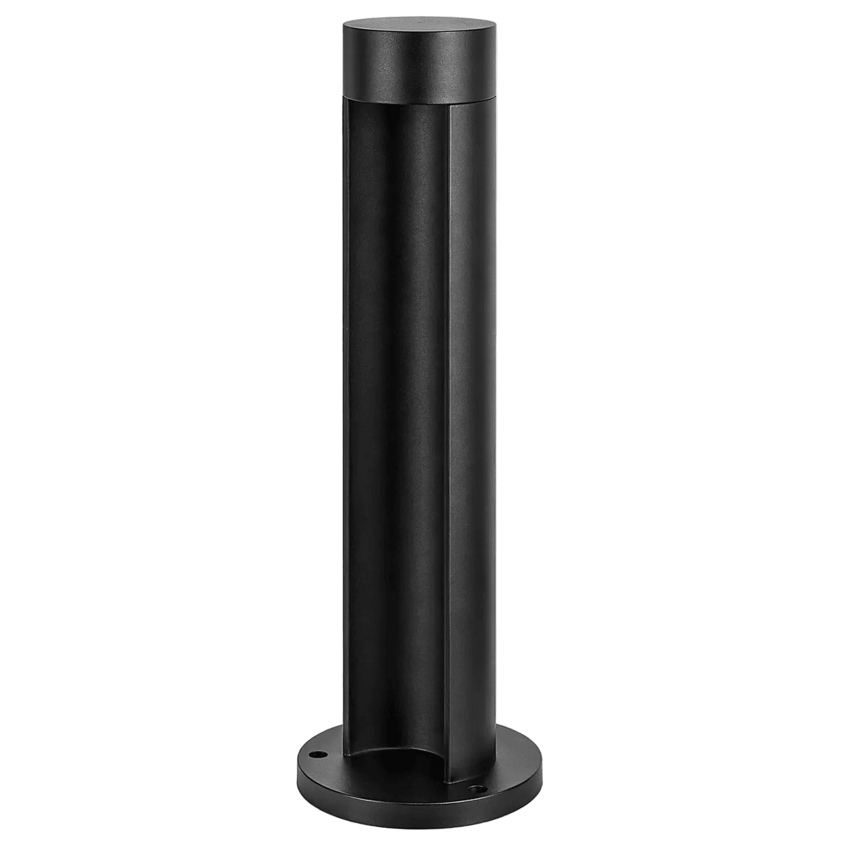 A tall, cylindrical black LED bollard with a flat top and a circular base, featuring vertical grooves.