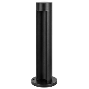 A tall, cylindrical black LED bollard with a flat top and a circular base, featuring vertical grooves.