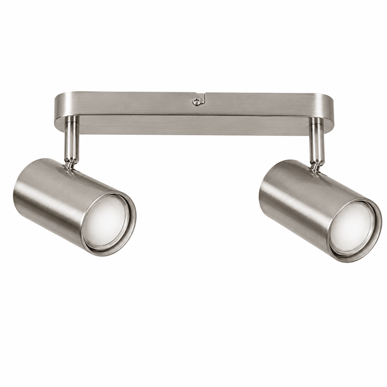 Satin-chrome 2-head spotlight with adjustable heads for focused indoor lighting.