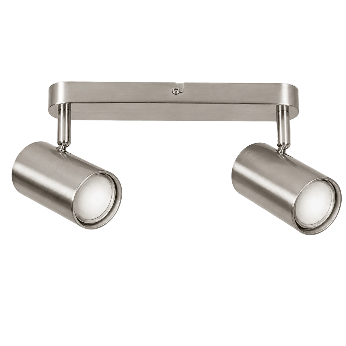 Chrome two‑head adjustable spotlight with rectangular backplate against black background