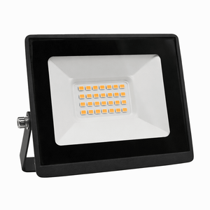 Amber insect-repelling 20W LED floodlight with a black frame and clear lens, showcasing integrated LED design.