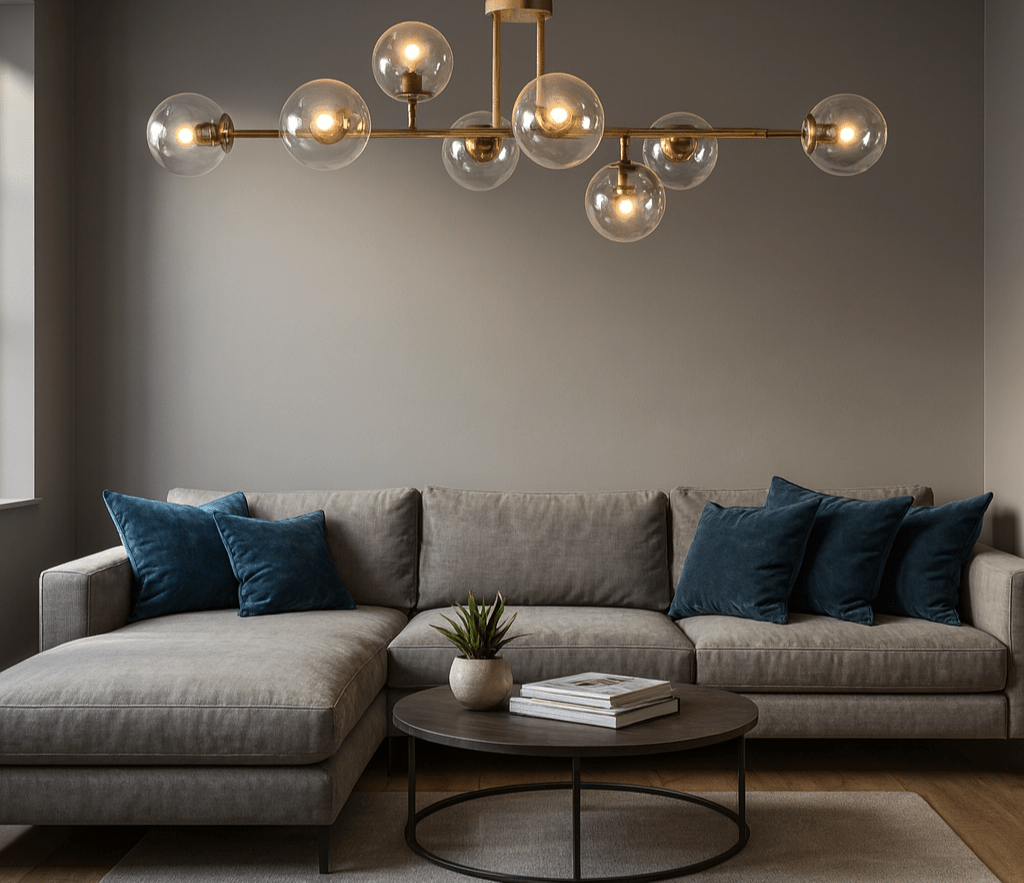 Modern living room with a gray sectional sofa, round coffee table, and decorative chandelier.
