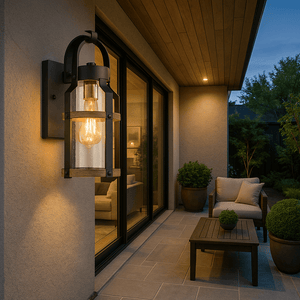 Outdoor patio with wall lantern and modern furniture at dusk.