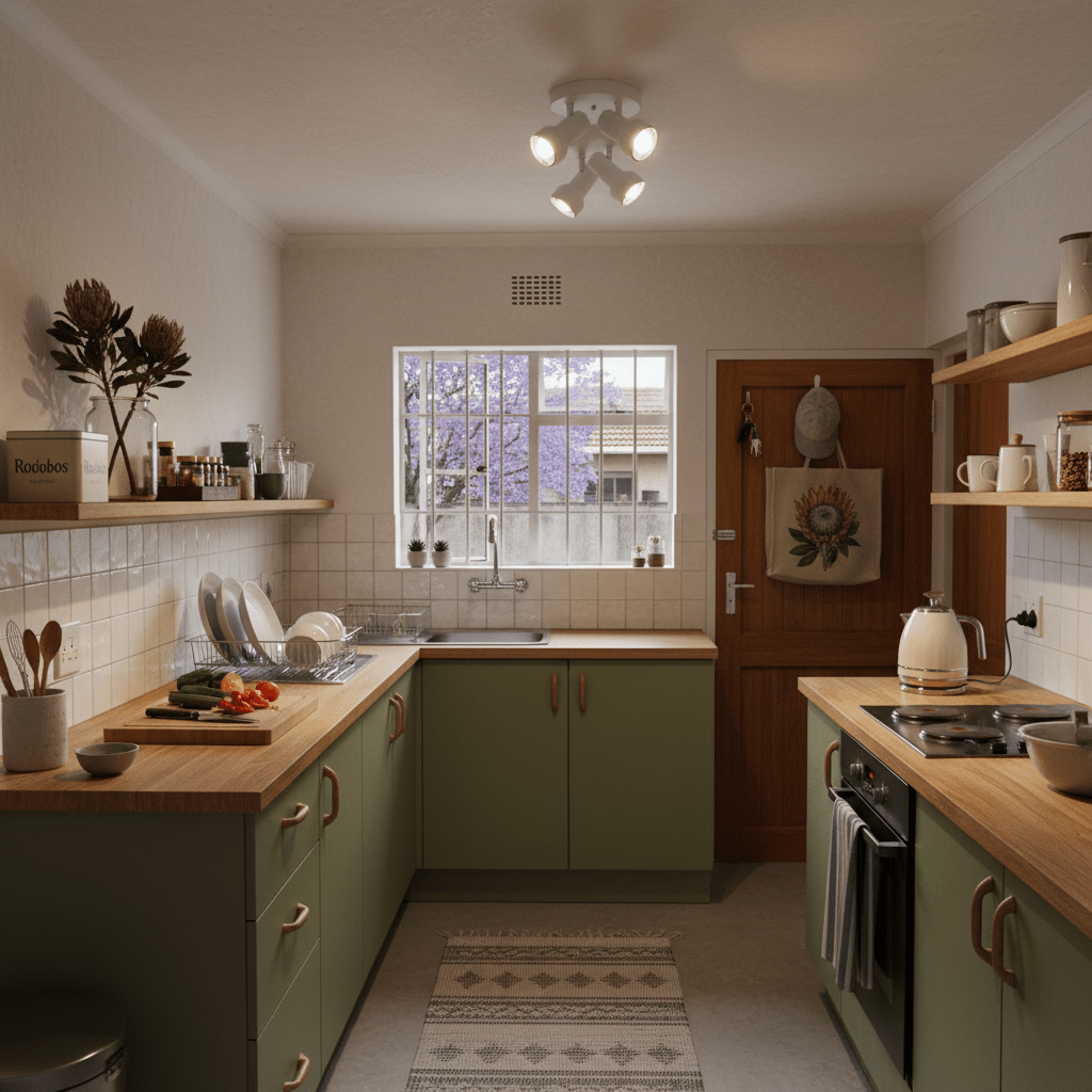 Modern kitchen with wooden countertops and green cabinets
