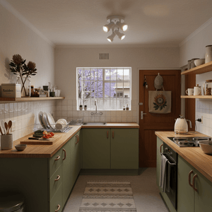 Modern kitchen with wooden countertops and green cabinets