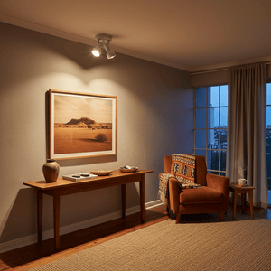 White indoor spotlight illuminating a wall art piece in a cozy living room setting with a wooden table and chair.