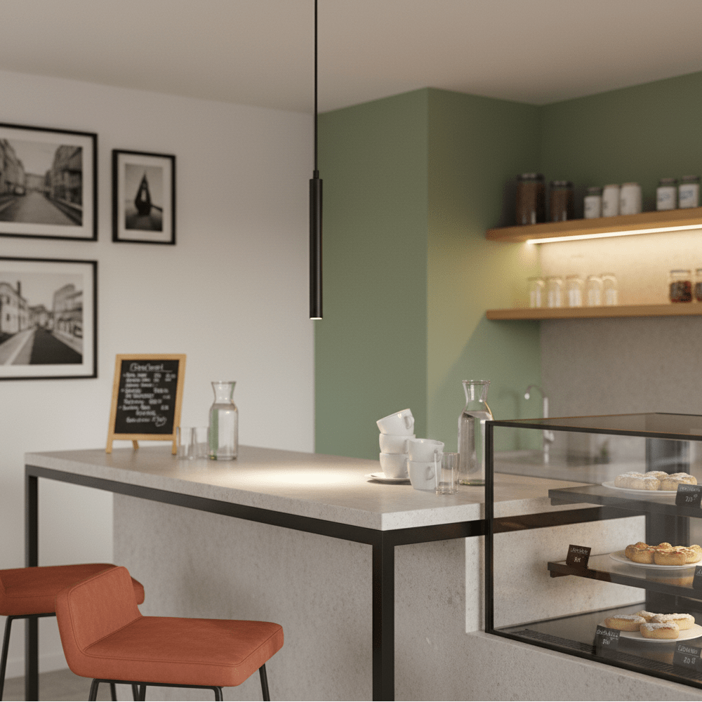 Slim LED pendant light hanging above a modern kitchen island with orange chairs and a display case.